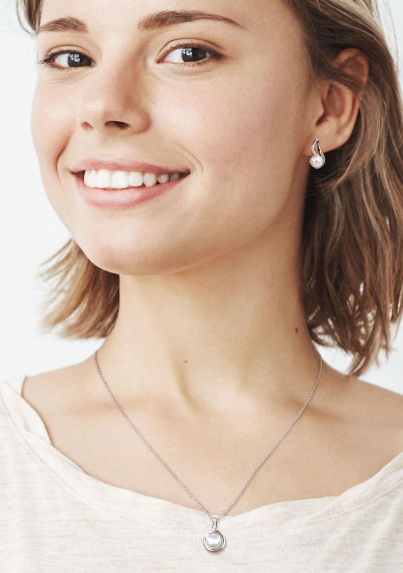 2-Pc Set of 9 - 9.5 MM Cultured Freshwater Pearl and 1/10 CT TW Diamond Twist Stud Earrings and Pendant With Chain in Sterling Silver