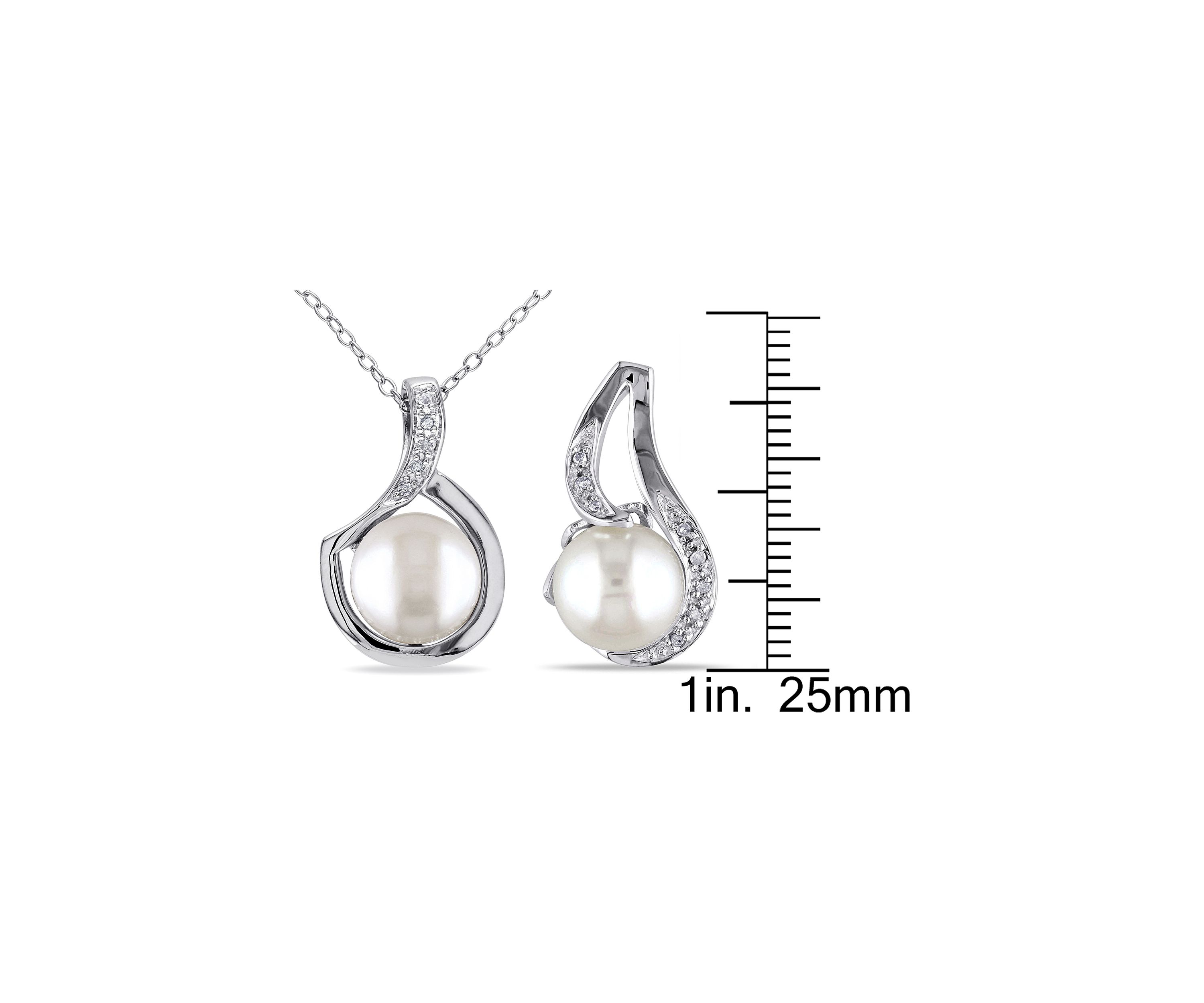 2-Pc Set of 9 - 9.5 MM Cultured Freshwater Pearl and 1/10 CT TW Diamond Twist Stud Earrings and Pendant With Chain in Sterling Silver