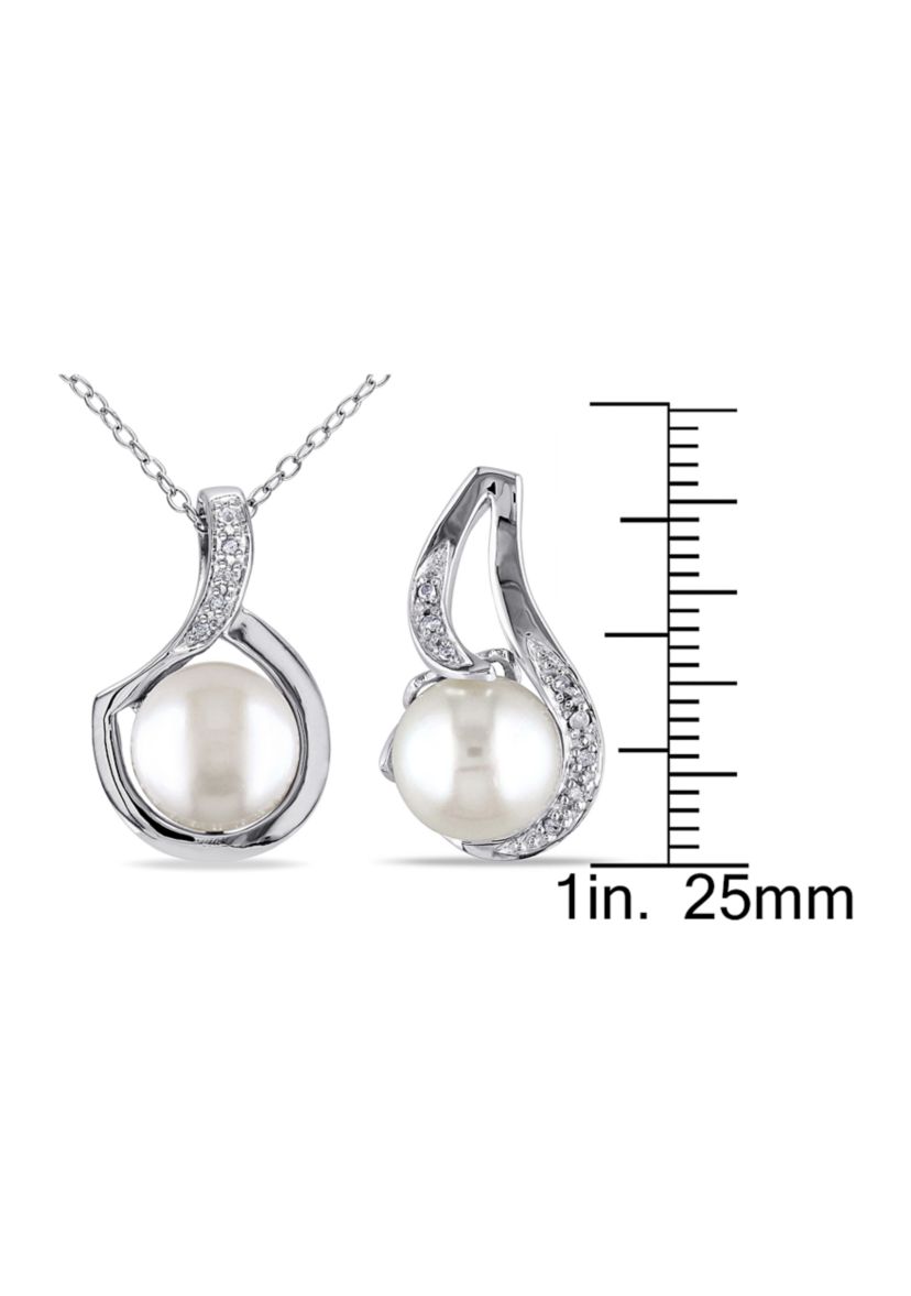 2-Pc Set of 9 - 9.5 MM Cultured Freshwater Pearl and 1/10 CT TW Diamond Twist Stud Earrings and Pendant With Chain in Sterling Silver