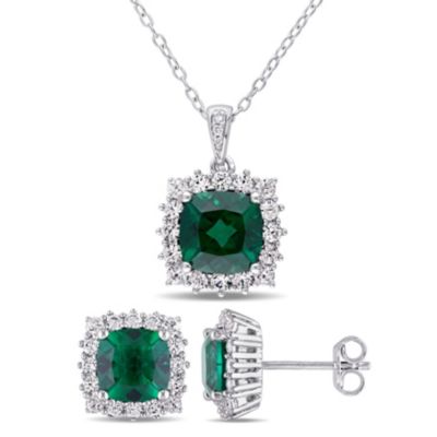 Belk & Co Lab Created 2-Pc Set of Emerald and White Sapphire with Diamond Accent Earrings and Pendant with Chain in Sterling Silver