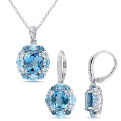 Belk & Co 2-Piece Set of 13.20 ct. t.g.w. London, Swiss, Sky Blue and White Topaz Halo Earrings and Pendant with Chain in Sterling Silver