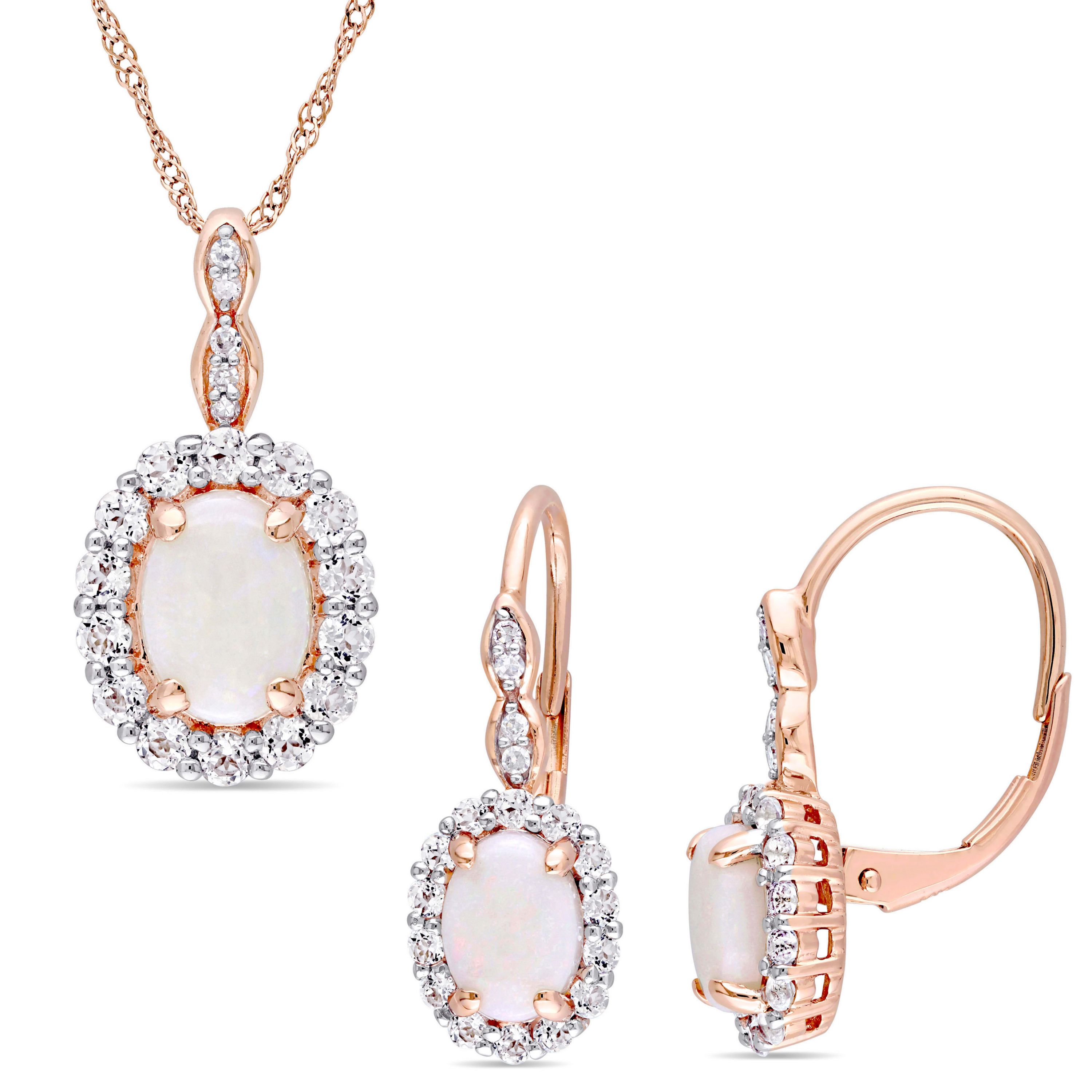 2-Pc Set of Opal and White Topaz with Diamond Accent Vintage Earrings and Pendant with Chain in 14K Rose Gold