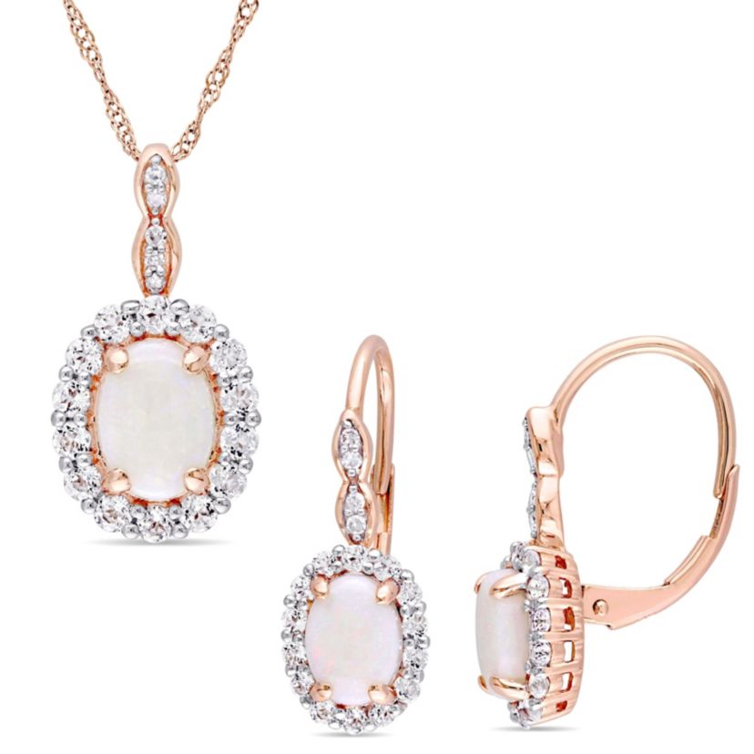 2-Pc Set of Opal and White Topaz with Diamond Accent Vintage Earrings and Pendant with Chain in 14K Rose Gold