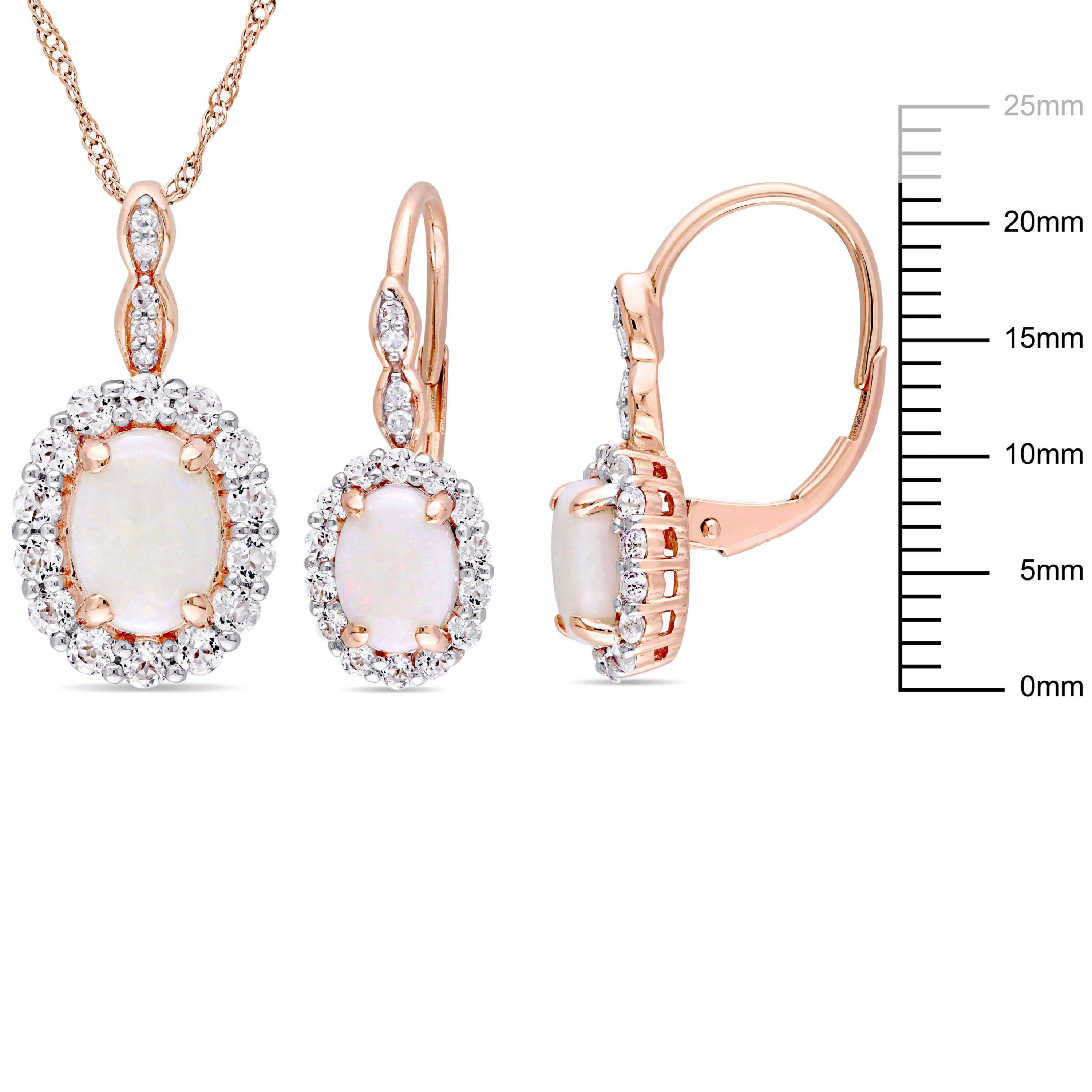 2-Pc Set of Opal and White Topaz with Diamond Accent Vintage Earrings and Pendant with Chain in 14K Rose Gold
