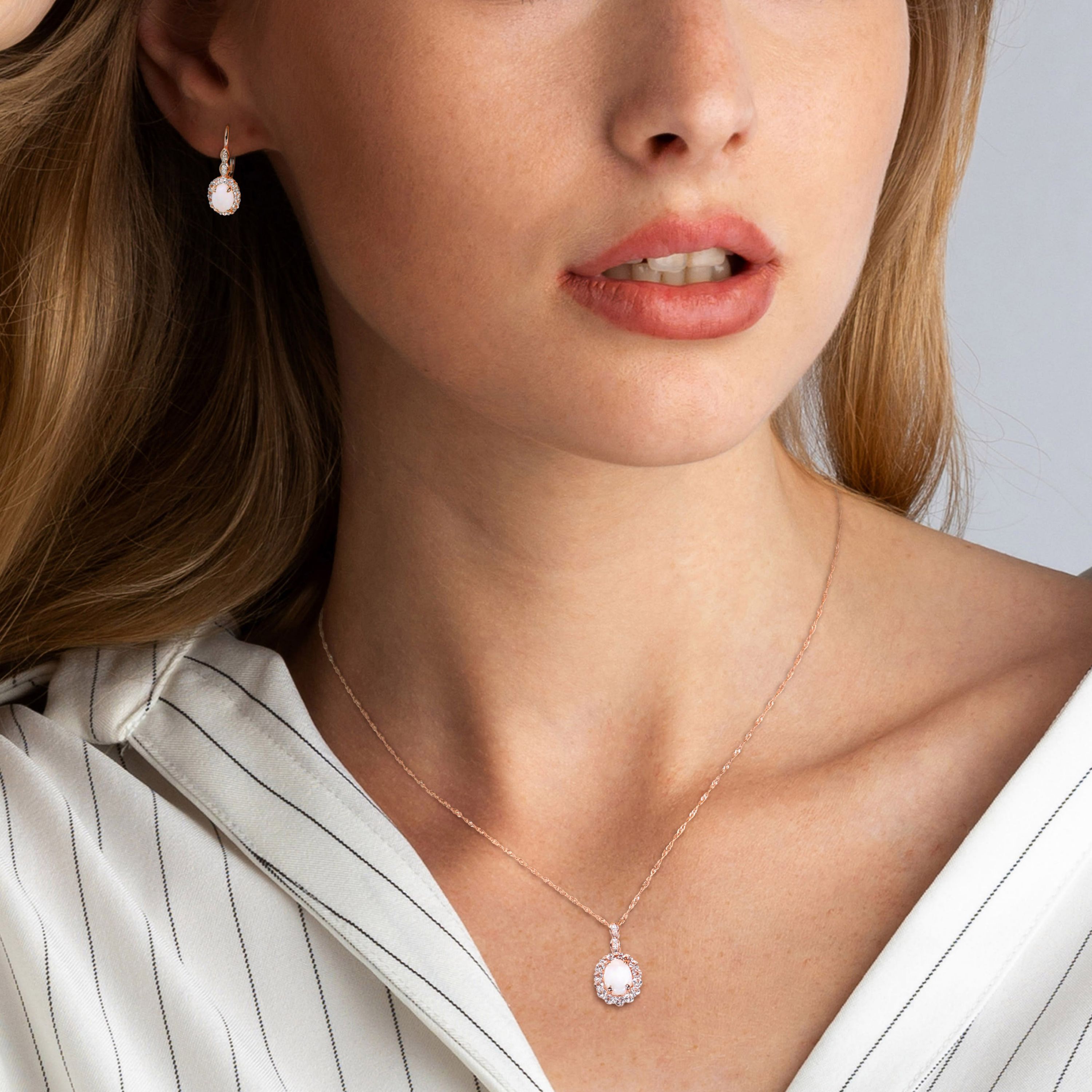 2-Pc Set of Opal and White Topaz with Diamond Accent Vintage Earrings and Pendant with Chain in 14K Rose Gold