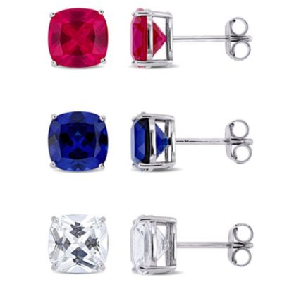 Belk & Co Lab Created Ruby, Blue and White Sapphire Stud Earrings Set in Sterling Silver