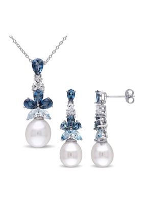 Belk & Co 2-Piece Set Of London, Sky Blue And White Topaz And 8.5 - 10 Mm White Cultured Freshwater Pearl Drop Earrings And Pendant With Chain In