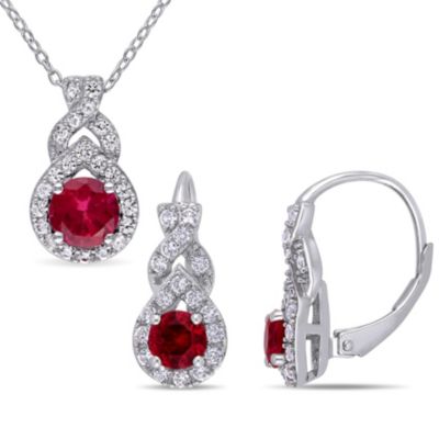 Belk & Co Lab Created 2-Pc Set of White Sapphire and Ruby Twist Teardrop Halo Earrings and Pendant with Chain in Sterling Silver