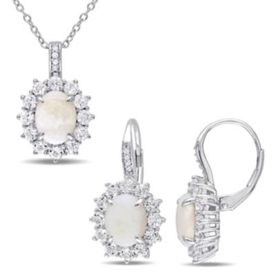 Belk & Co 2 Piece Set of Diamond & Opal White Topaz Earrings & Pendant With Chain in Sterling Silver, 18"