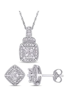 Belk & Co 2-Pcs Set Of 5/8 Ct Tw Diamond Cluster Stud Earrings And Pendant With Chain In 10K White Gold