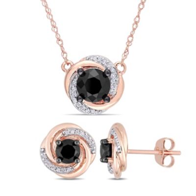 Belk & Co 2-Pcs Set of 2.13 ct. t.w. Black and White Diamond Swirl Halo Stud Earrings and Pendant with Chain in 10K Rose Gold