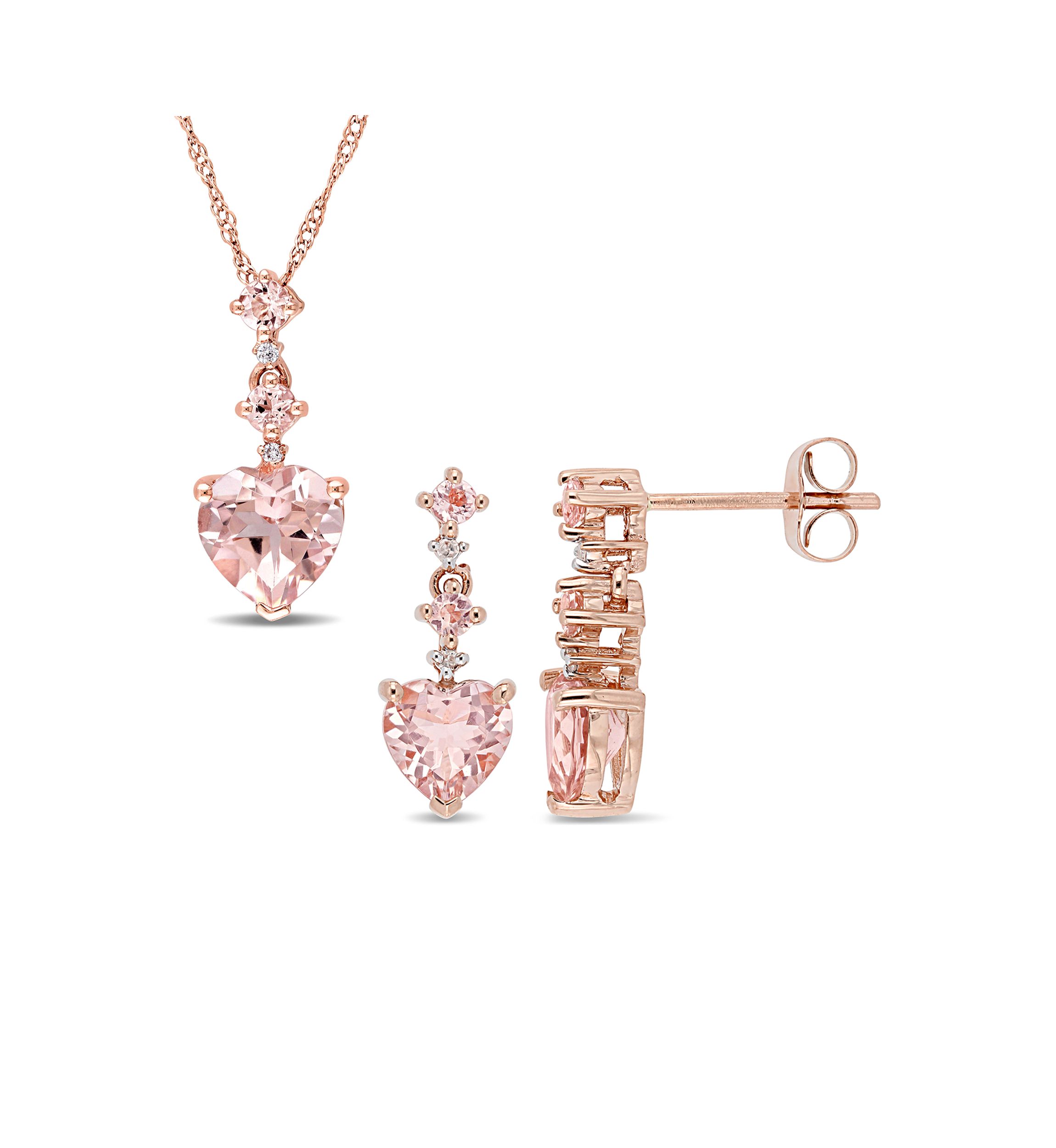 2.75 ct. t.w. Morganite and 1/10 ct. t.w. Diamond Tiered Necklace and Dangle Earrings Set in 14K Rose Gold