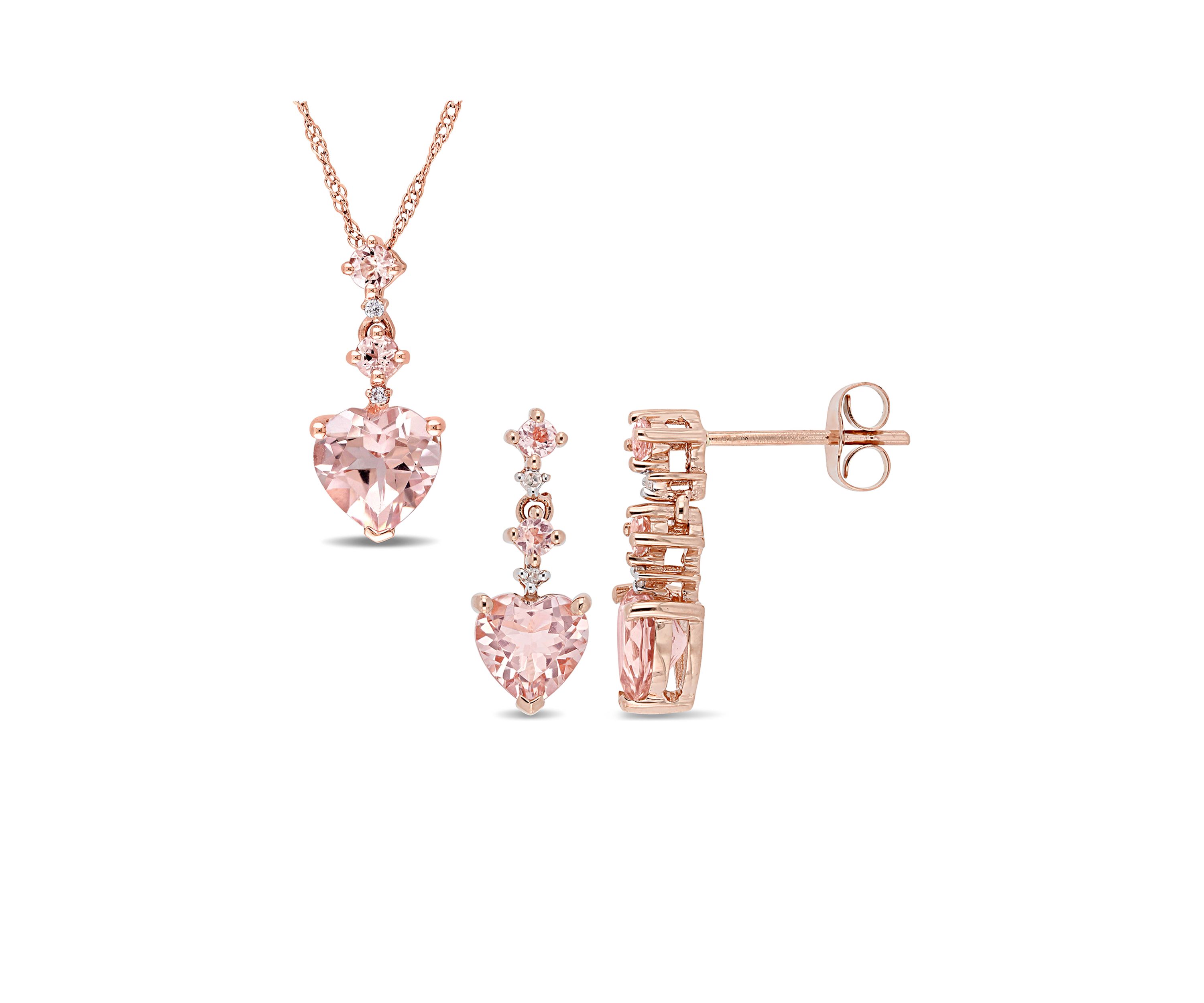 2.75 ct. t.w. Morganite and 1/10 ct. t.w. Diamond Tiered Necklace and Dangle Earrings Set in 14K Rose Gold