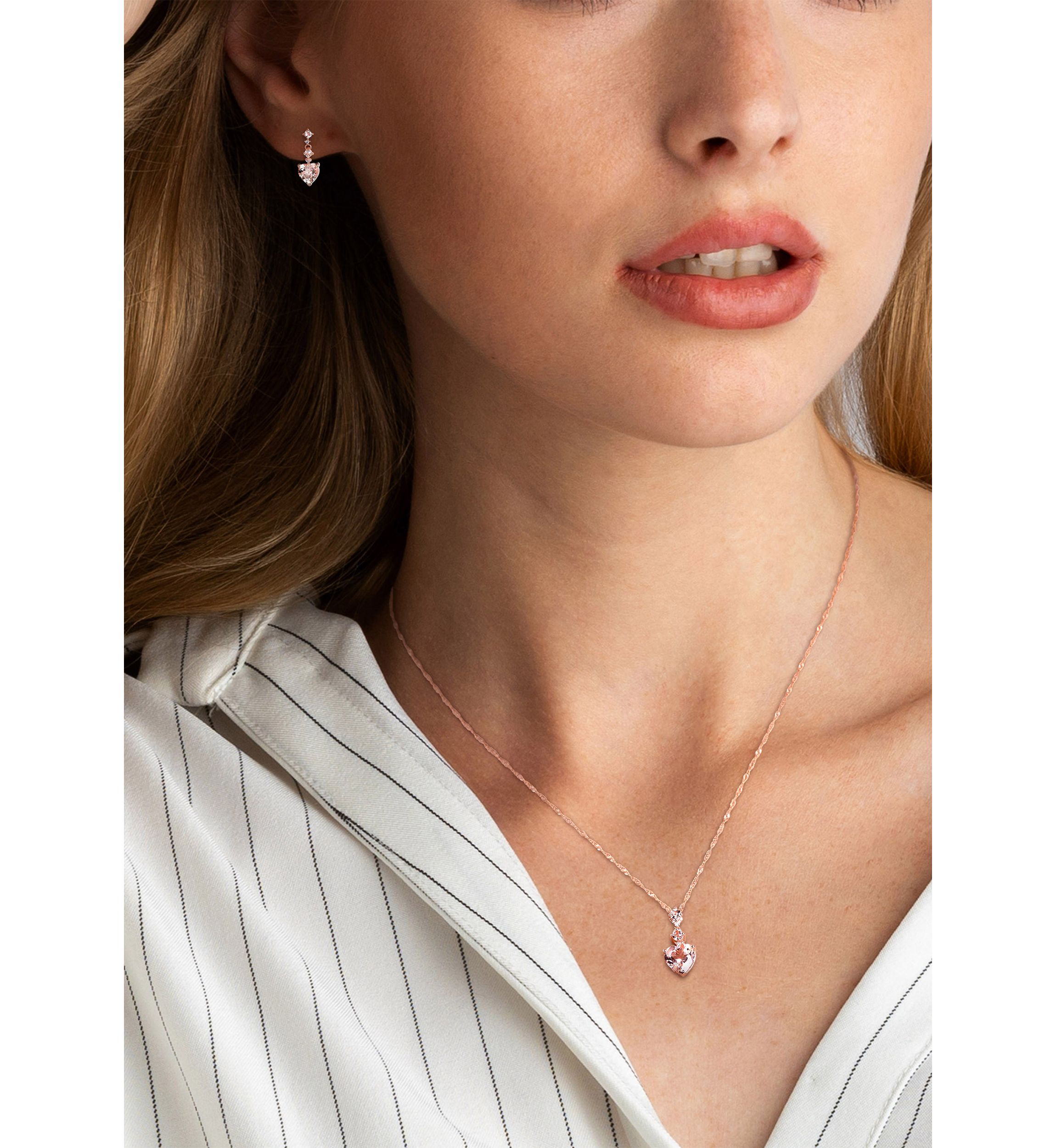 2.75 ct. t.w. Morganite and 1/10 ct. t.w. Diamond Tiered Necklace and Dangle Earrings Set in 14K Rose Gold