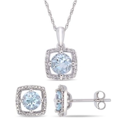 Belk & Co 2-Piece Set Of 1.5 Ct. T.g.w. Aquamarine And 1/6 Ct. T.w. Diamond Halo Earrings And Pendant With Chain In 10K White Gold
