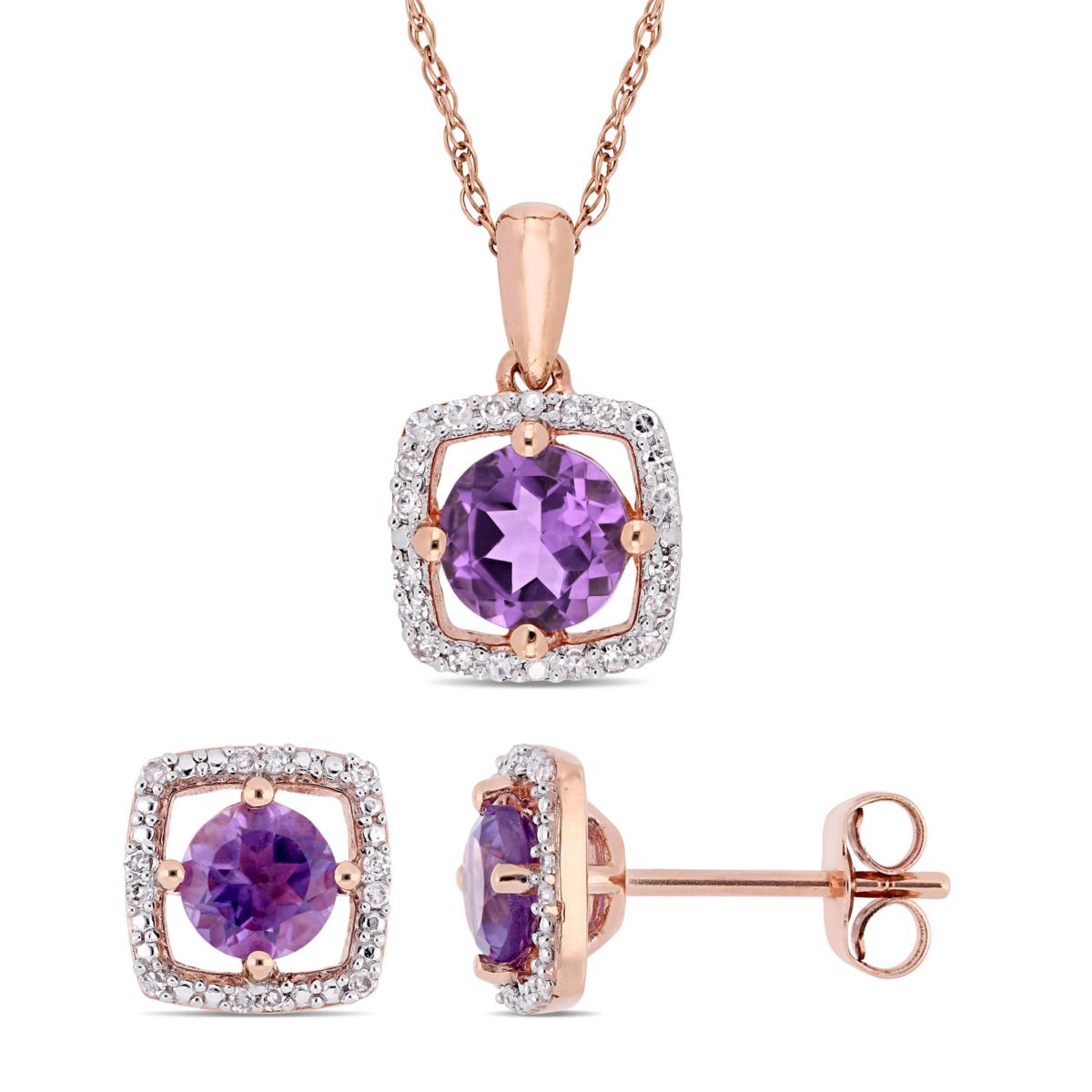 2-Pc Set of Amethyst and 1/6 ct. t.w. Diamond Halo Earrings and Pendant with Chain in 10K Rose Gold