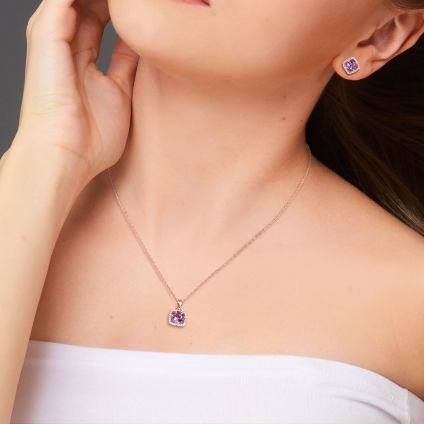 2-Pc Set of Amethyst and 1/6 ct. t.w. Diamond Halo Earrings and Pendant with Chain in 10K Rose Gold