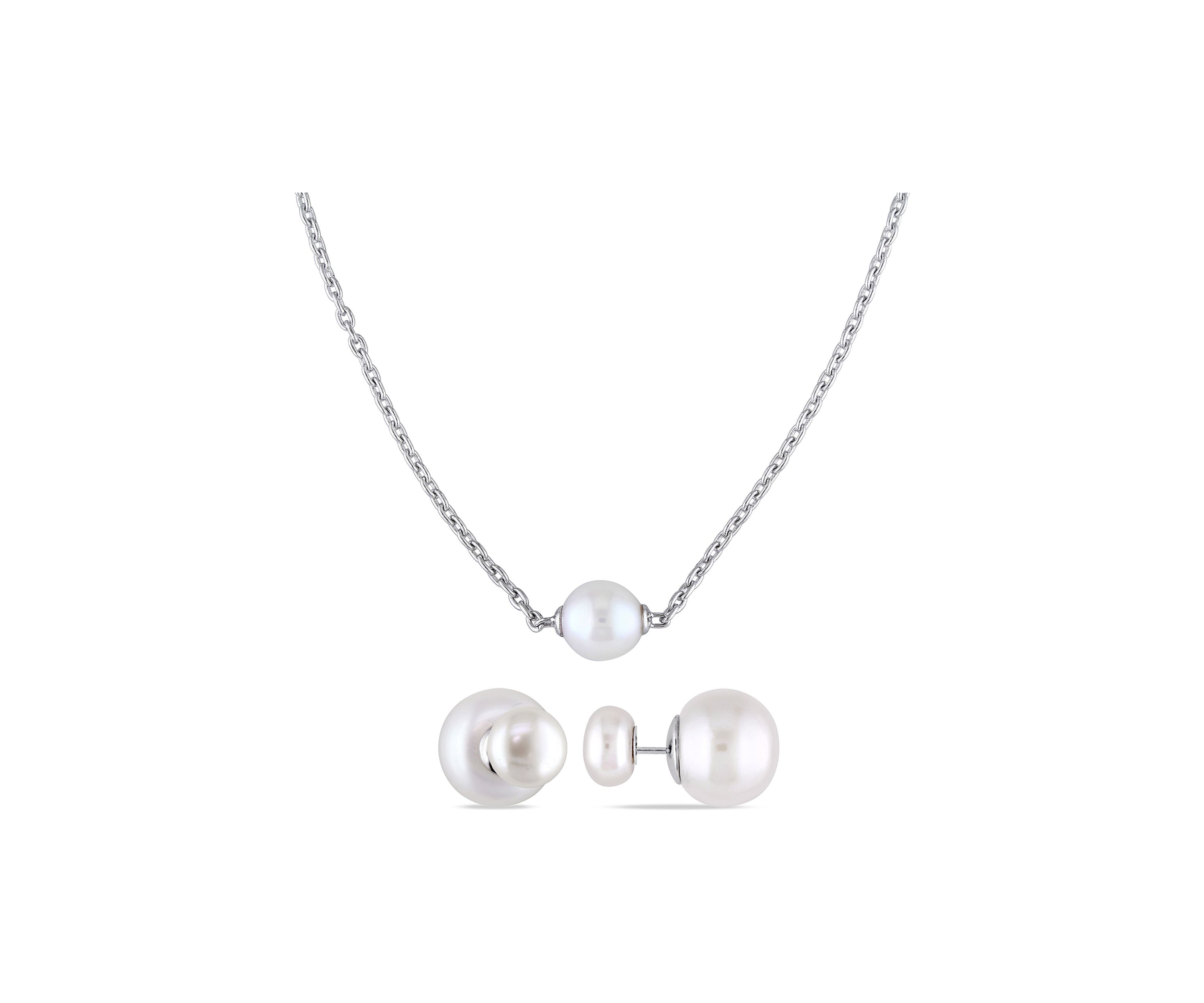 9-9.5mm Cultured Freshwater Pearl Necklace and 8-8.5MM & 12.5-13MM Cultured Freshwater Button Pearl Stud Earrings in Sterling Silver