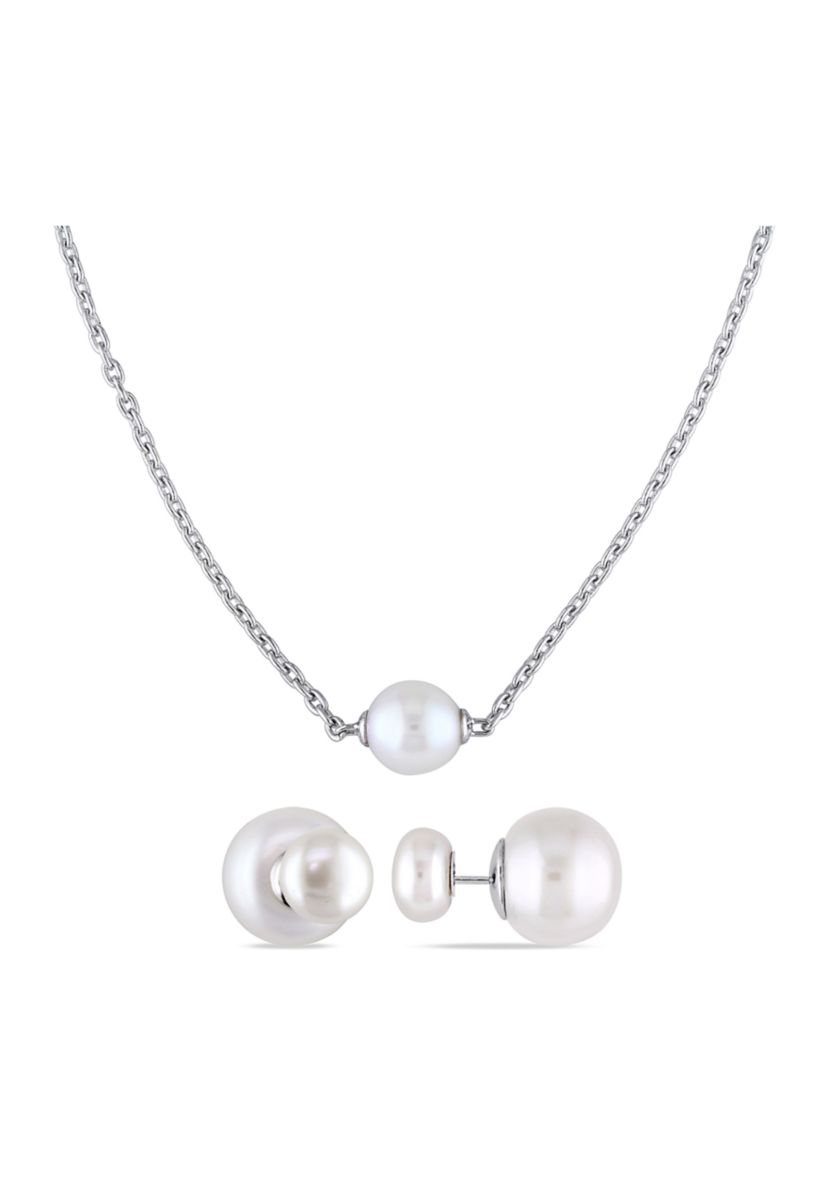 9-9.5mm Cultured Freshwater Pearl Necklace and 8-8.5MM & 12.5-13MM Cultured Freshwater Button Pearl Stud Earrings in Sterling Silver