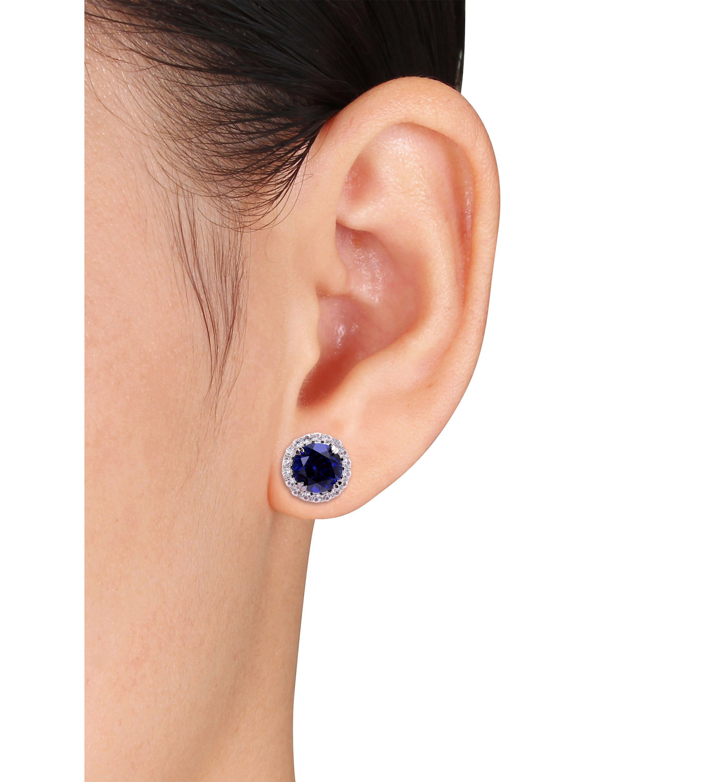 Lab Created 5.12 ct. t.w. Created Blue and White Sapphire Halo Stud Earrings in Sterling Silver