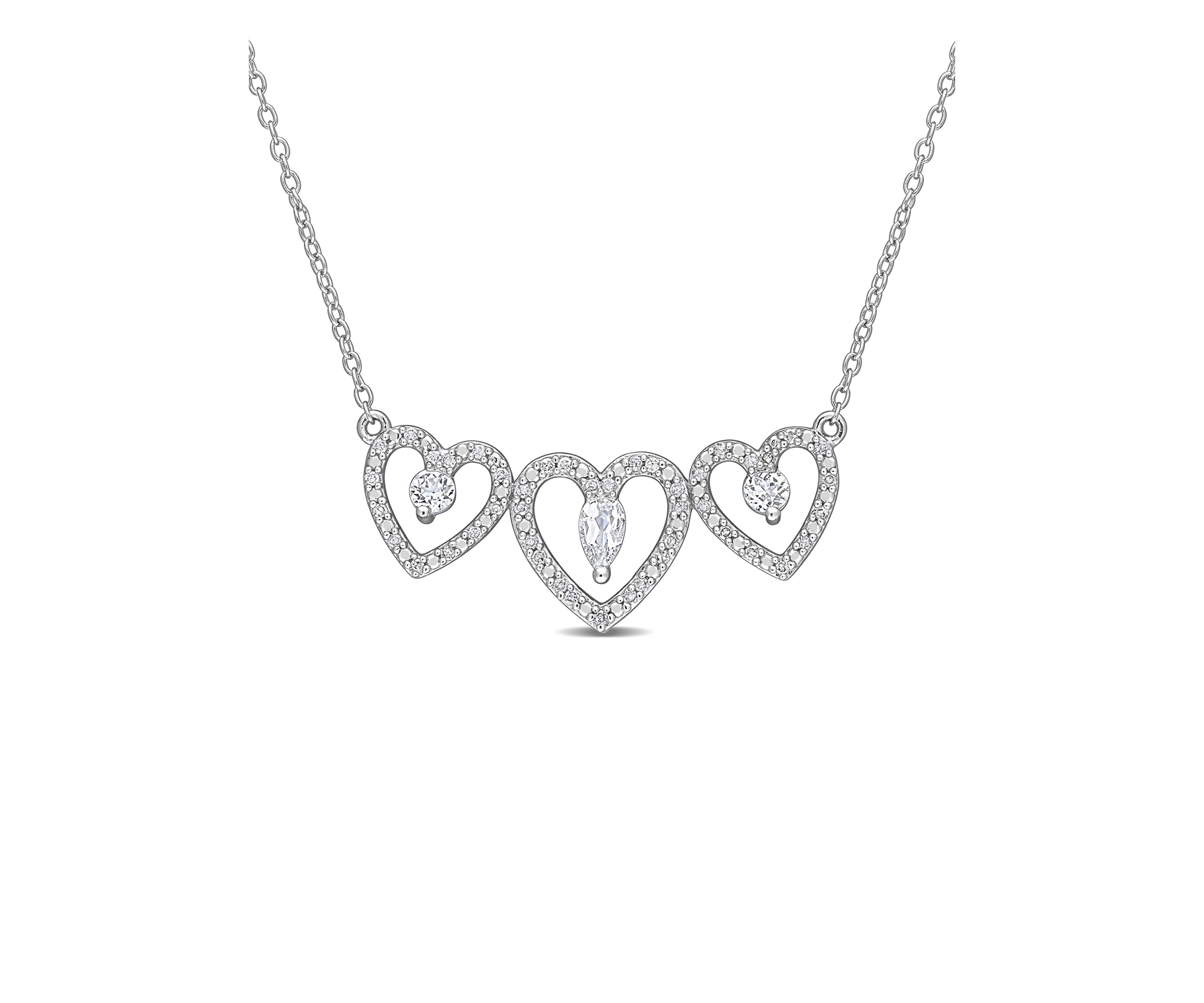 1/2 ct. t.w. White Topaz and 1/5 ct. t.w. Diamond Triple Heart Necklace in Sterling Silver