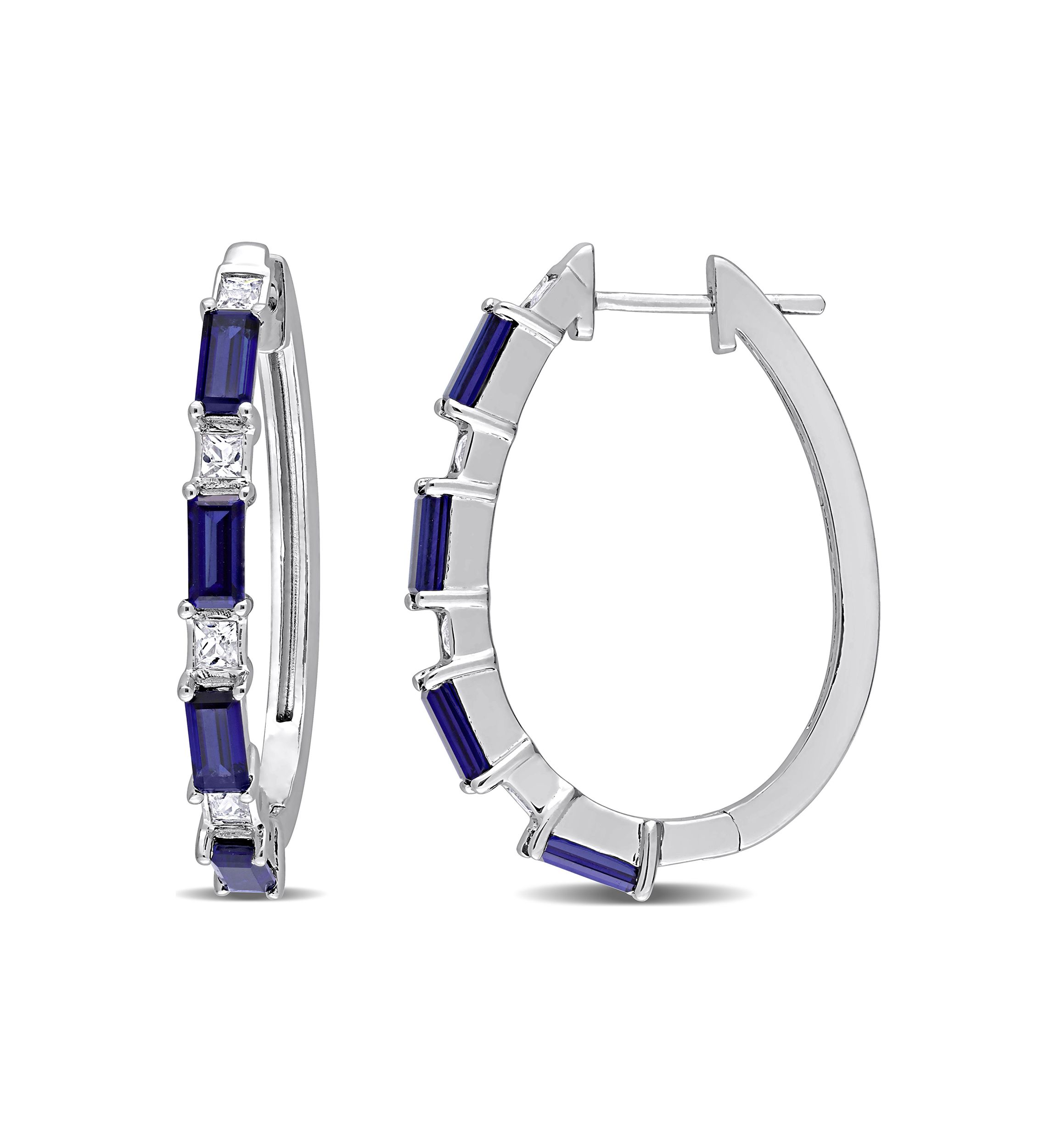 Lab Created 3.62 ct. t.w. Created Blue and White Sapphire Oval Hoop Earrings in Sterling Silver