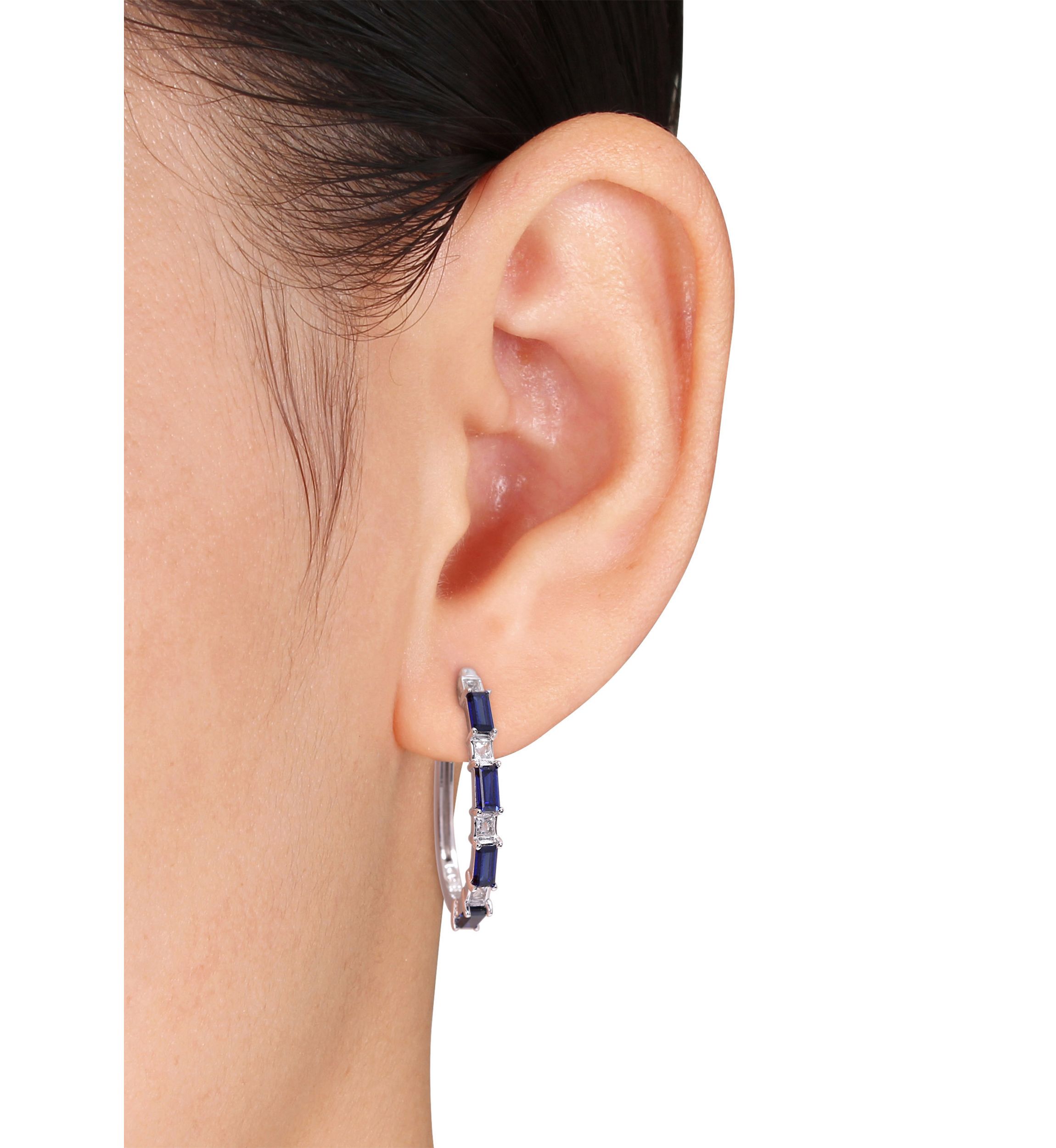 Lab Created 3.62 ct. t.w. Created Blue and White Sapphire Oval Hoop Earrings in Sterling Silver
