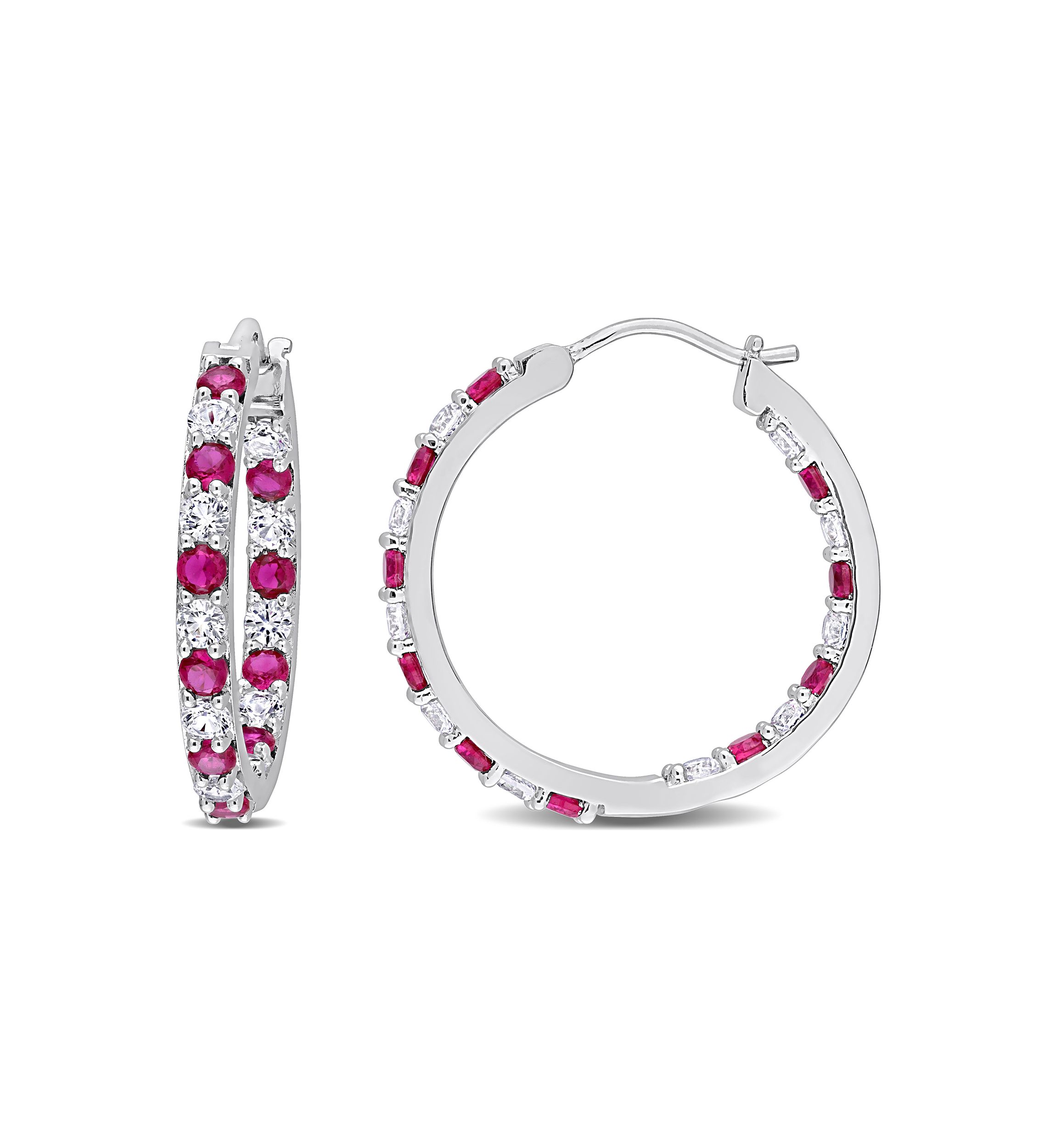 Lab Created Created Ruby and Created White Sapphire Hoop Earrings in Sterling Silver