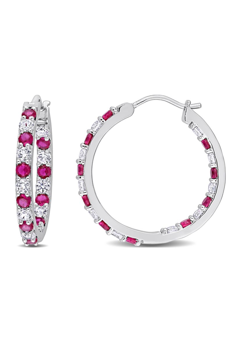 Lab Created Created Ruby and Created White Sapphire Hoop Earrings in Sterling Silver