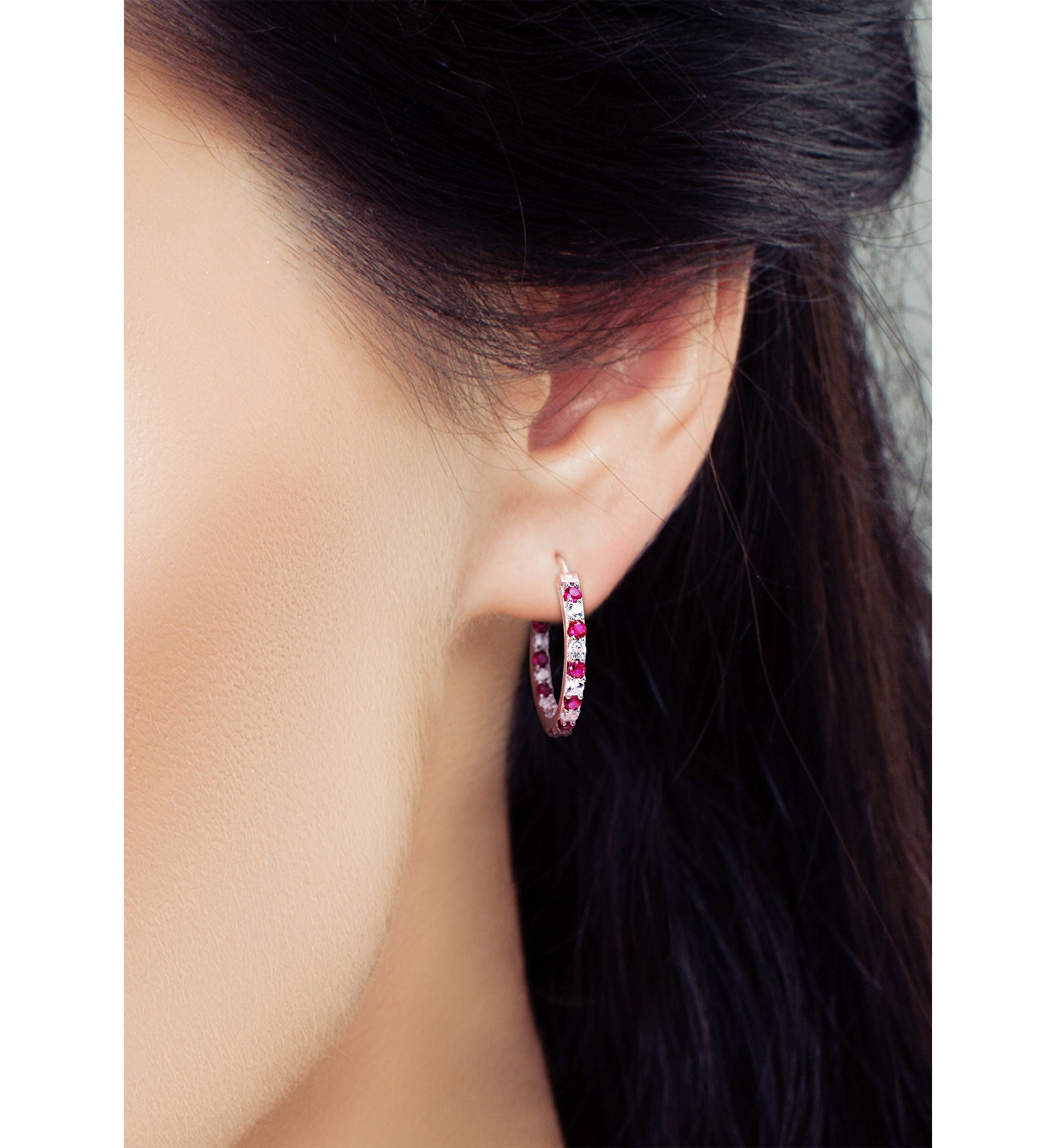 Lab Created Created Ruby and Created White Sapphire Hoop Earrings in Sterling Silver