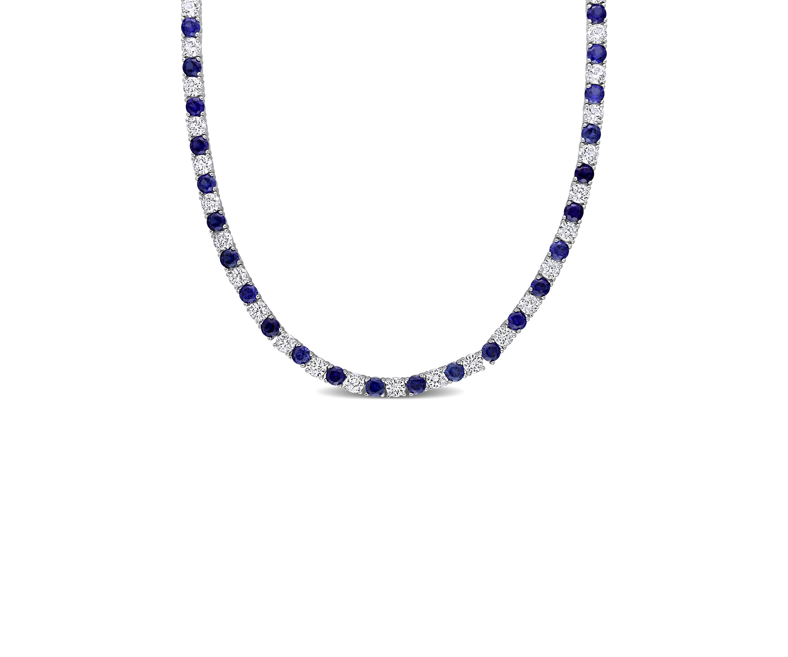 Created Blue and White Sapphire Tennis Necklace in Sterling Silver