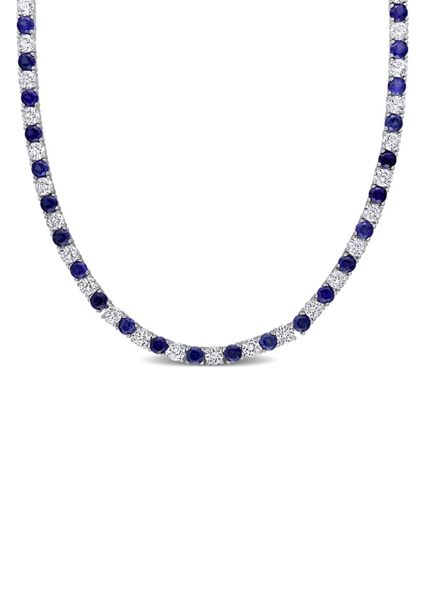 Created Blue and White Sapphire Tennis Necklace in Sterling Silver