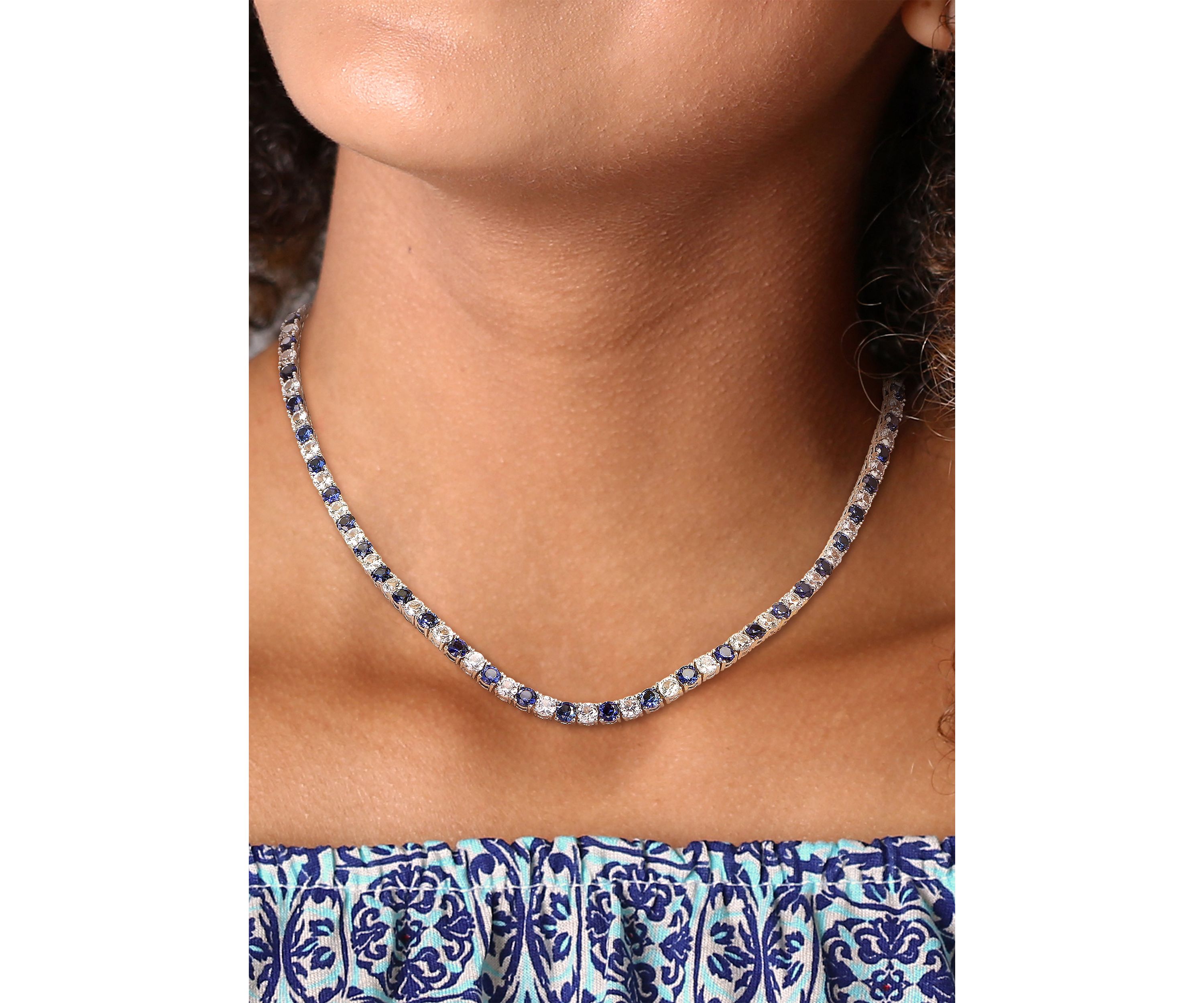 Created Blue and White Sapphire Tennis Necklace in Sterling Silver