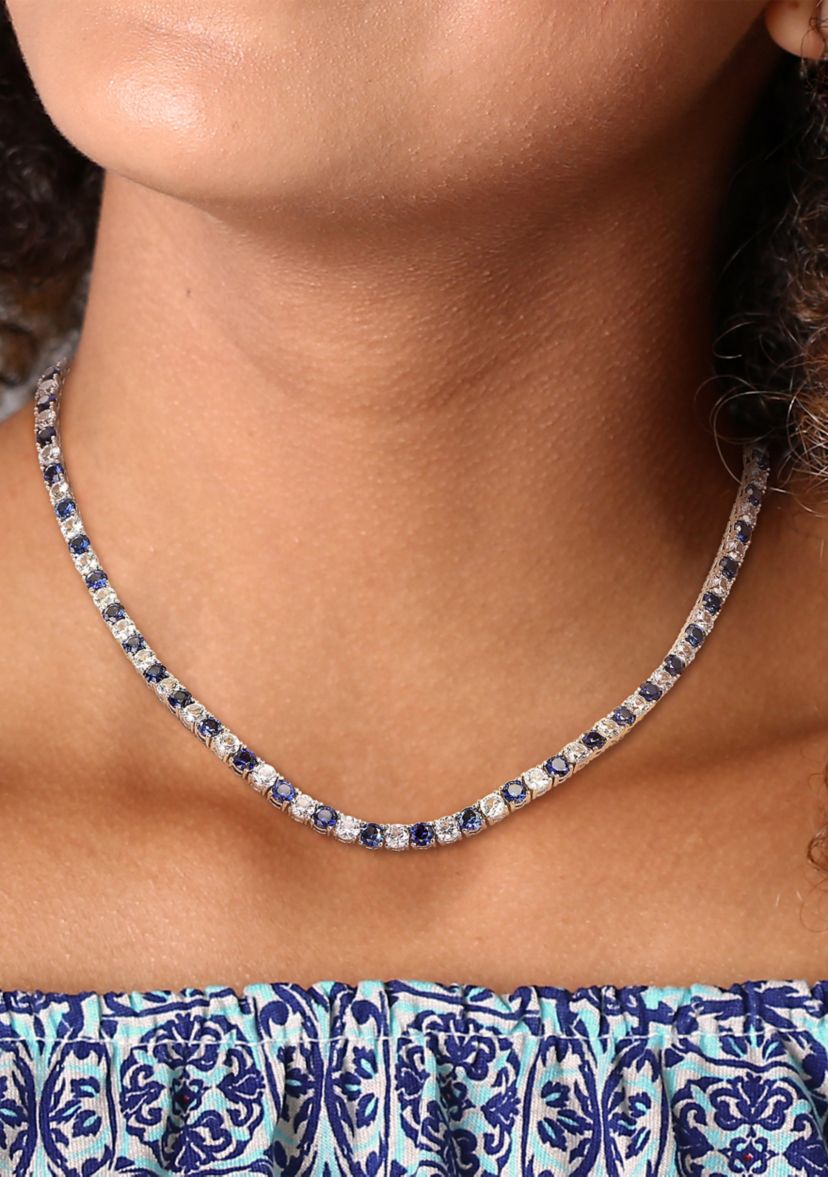 Created Blue and White Sapphire Tennis Necklace in Sterling Silver