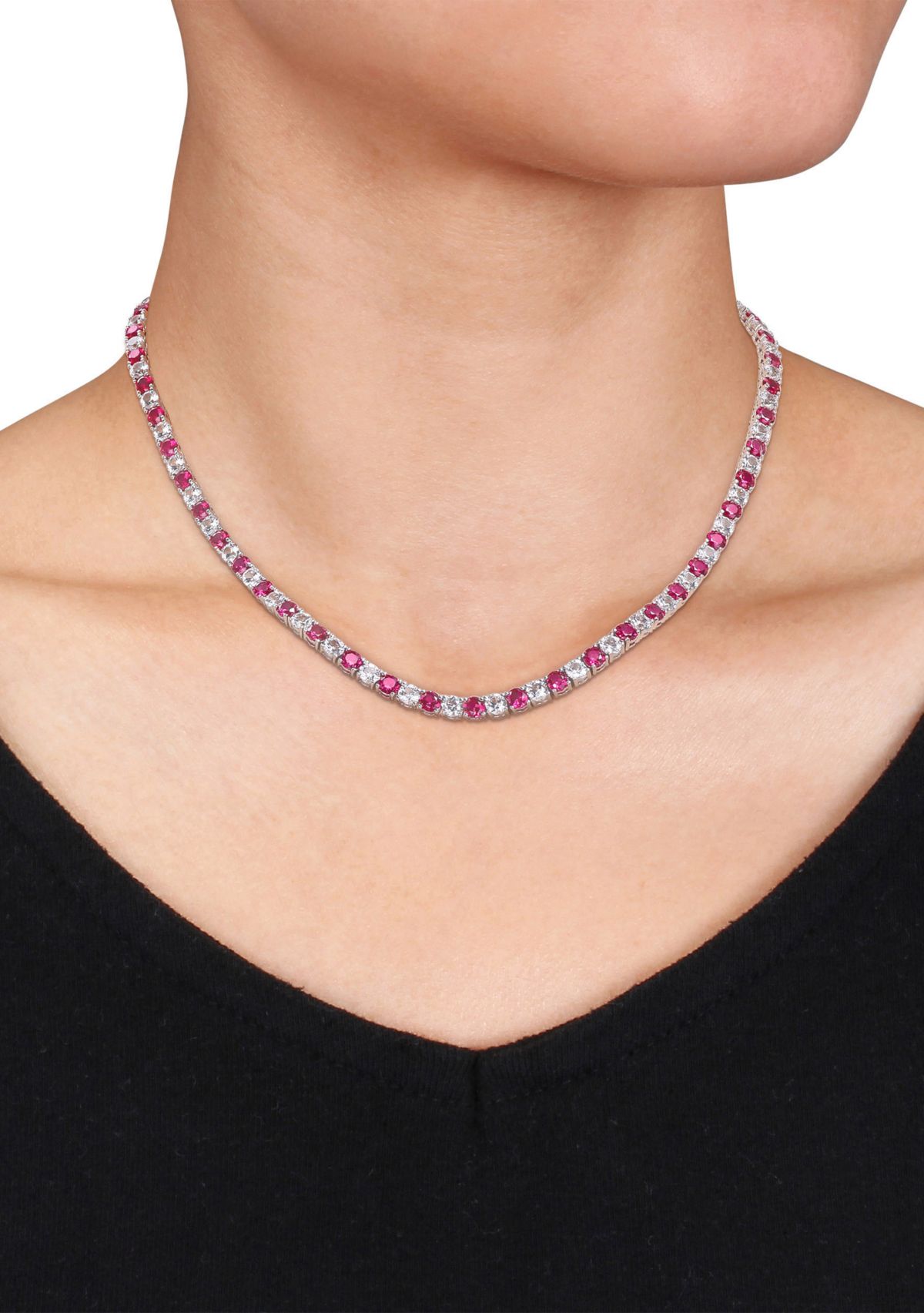 Lab Created Created Ruby & Created White Sapphire Tennis Necklace in Sterling Silver