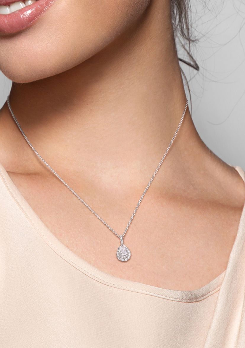1.3 ct. t.w. Created Moissanite Teardrop Halo Necklace in Sterling Silver