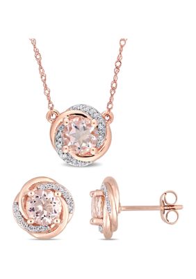 Belk & Co 2.5 Ct. T.w. Morganite And 1/5 Ct. T.w. Diamond Swirl Halo Necklace And Stud Earrings Set In 10K Rose Gold -  0686692821866