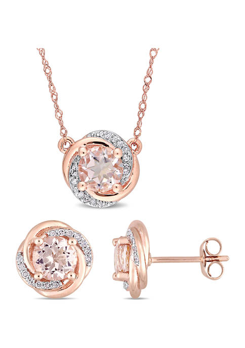 2.5 ct. t.w. Morganite and 1/5 ct. t.w. Diamond Swirl Halo Necklace and Stud Earrings Set in 10K Rose Gold