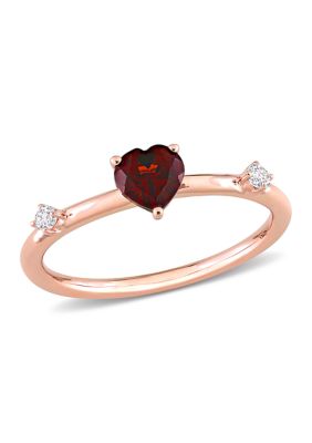 Belk & Co 5/8 CT TGW Garnet and White Topaz Heart 3-Stone Stackable Ring in 10k Rose Gold, Pink, 6