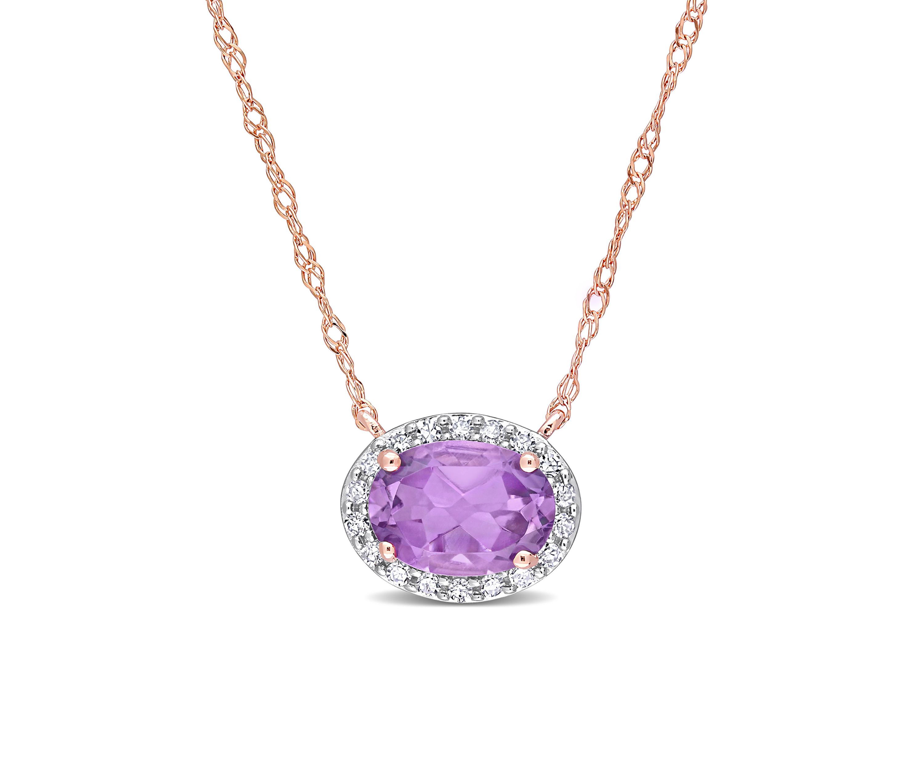 3/4 CT TGW Amethyst and 1/10 CT TW Diamond Oval Halo Necklace in 10k Rose Gold