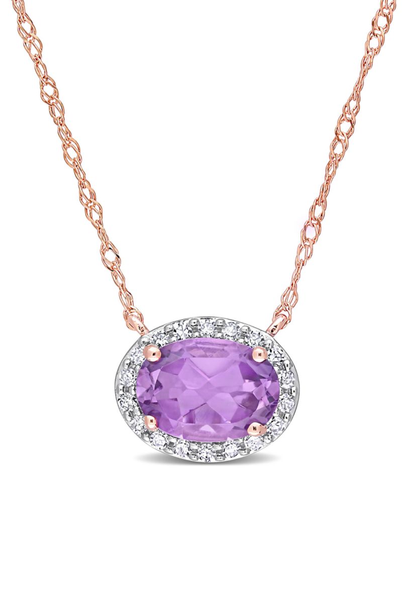 3/4 CT TGW Amethyst and 1/10 CT TW Diamond Oval Halo Necklace in 10k Rose Gold