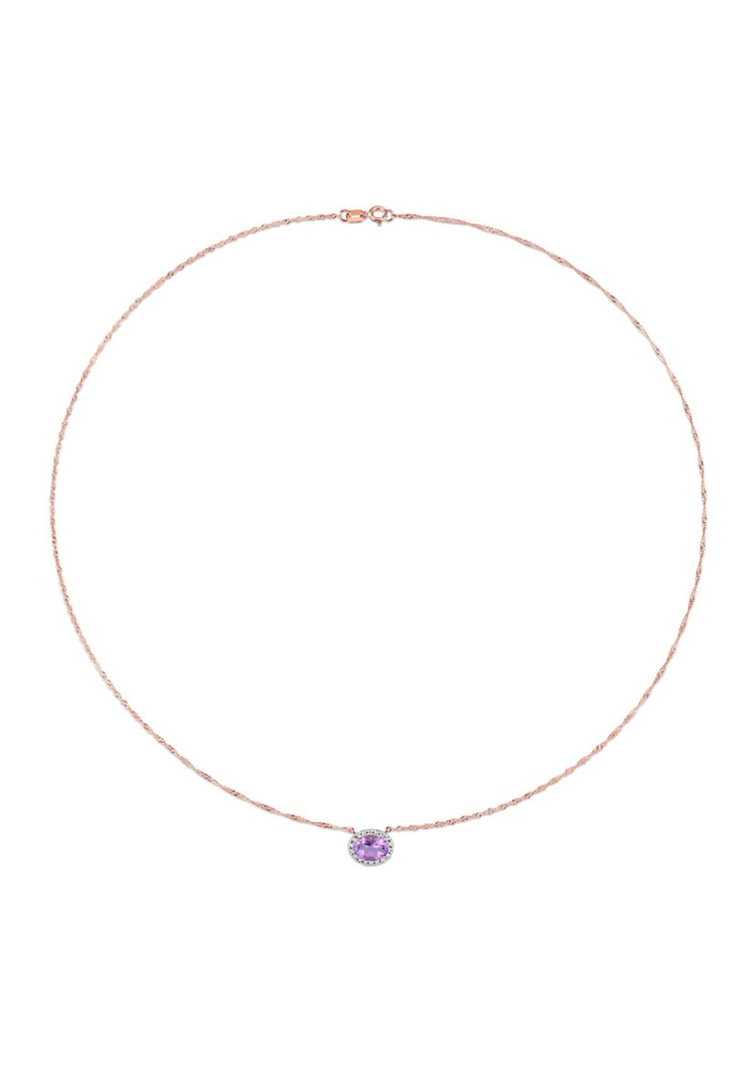 3/4 CT TGW Amethyst and 1/10 CT TW Diamond Oval Halo Necklace in 10k Rose Gold