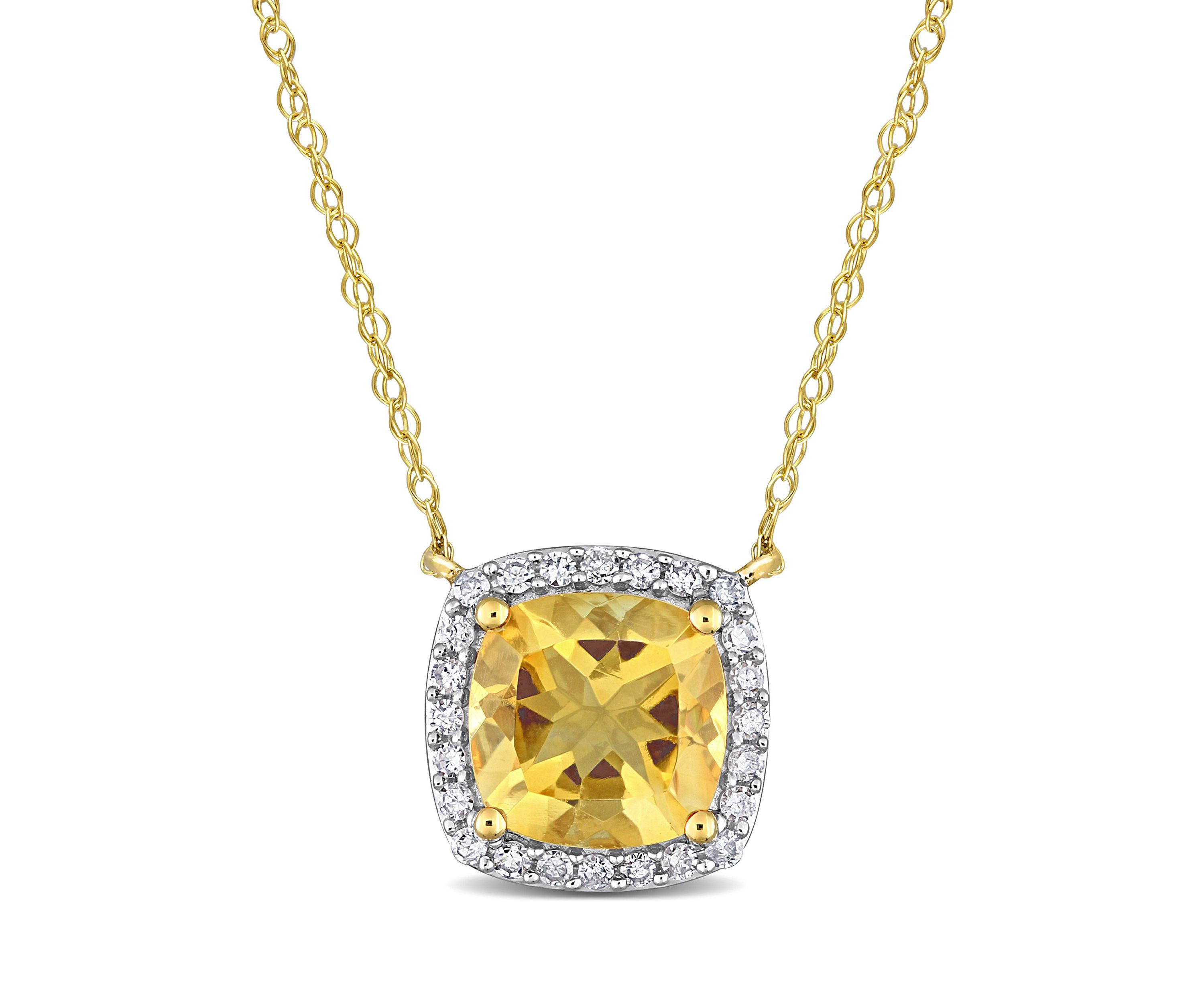 1.3 CT TGW Citrine and 1/8 CT TW Diamond Cushion Halo Necklace in 10k Yellow Gold