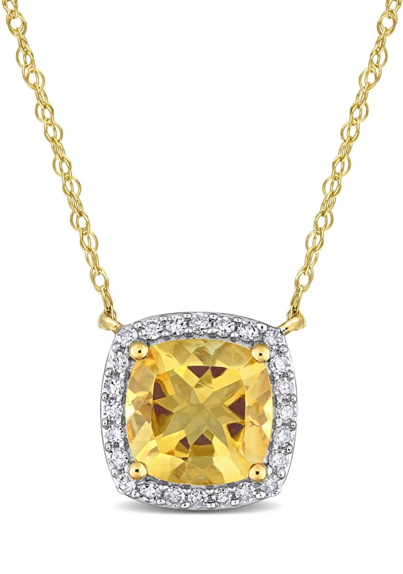 1.3 CT TGW Citrine and 1/8 CT TW Diamond Cushion Halo Necklace in 10k Yellow Gold
