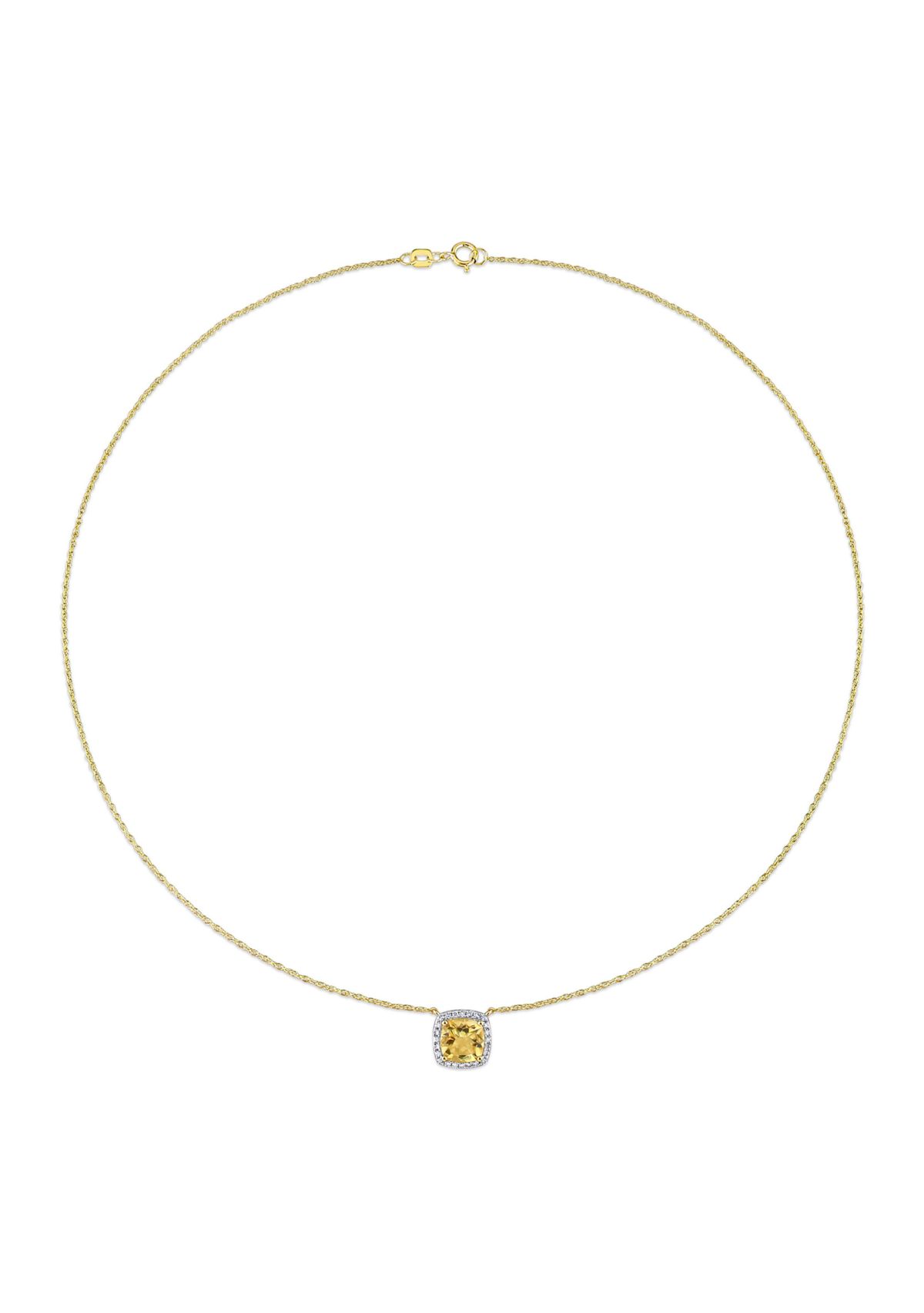 1.3 CT TGW Citrine and 1/8 CT TW Diamond Cushion Halo Necklace in 10k Yellow Gold