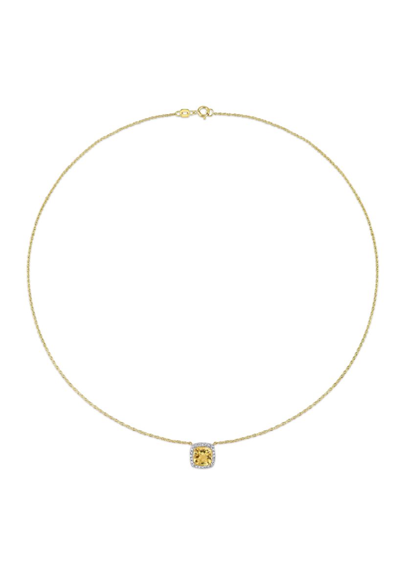 1.3 CT TGW Citrine and 1/8 CT TW Diamond Cushion Halo Necklace in 10k Yellow Gold
