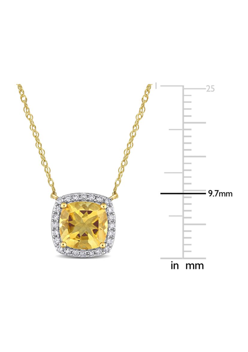 1.3 CT TGW Citrine and 1/8 CT TW Diamond Cushion Halo Necklace in 10k Yellow Gold
