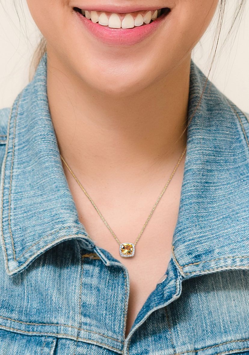 1.3 CT TGW Citrine and 1/8 CT TW Diamond Cushion Halo Necklace in 10k Yellow Gold