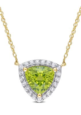 Belk & Co 1.5 CT TGW Peridot and White Topaz Trillion Halo Necklace in 10k Yellow Gold
