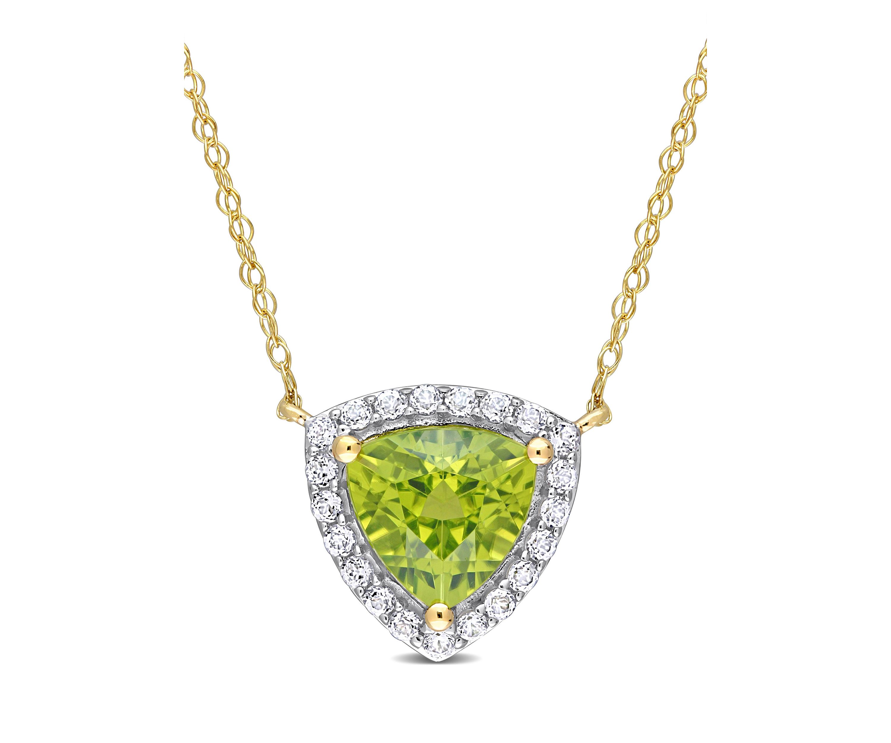 1.5 CT TGW Peridot and White Topaz Trillion Halo Necklace in 10k Yellow Gold